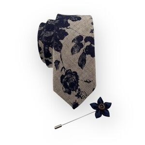 Men’s Stone Gray Floral Necktie & Navy Lapel Flower Pin Set